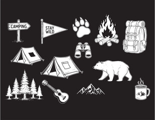 Embrace adventure with camping gear, campfire, and wildlife scenes.