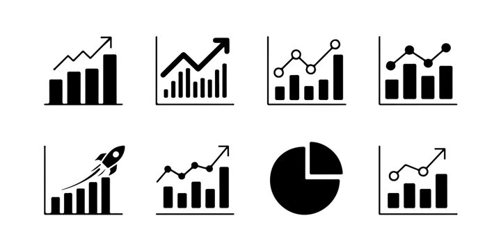 Dynamic collection of statistical charts and graphic illustrations showcasing growth and success on transparent background