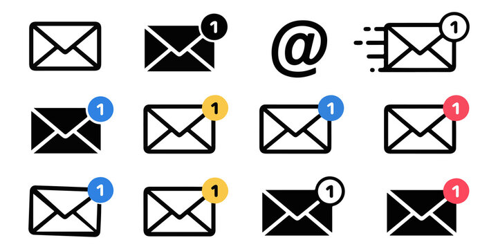 Diverse collection of email icons with notifications and symbol, communication representations, perfect for apps or web, on transparent background