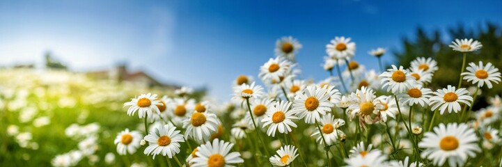 daisy field, natural landscape, blue sky, white flowers, green grass, serene, peaceful, beautiful, idyllic, tranquil, lush foliage, shallow depth of field, warm sunlight, calming atmosphere
