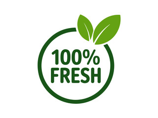 Fototapeta premium Green circle emblem with leaves and text 100% Fresh.