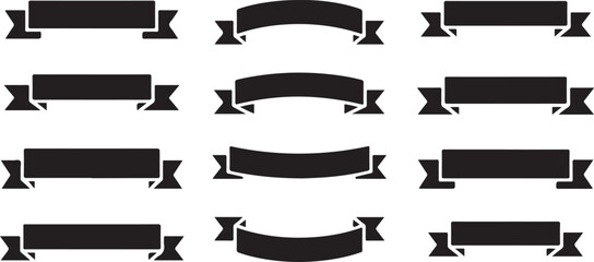 A collection of twelve black ribbon banner silhouettes in various straight and curved shapes on a white background.