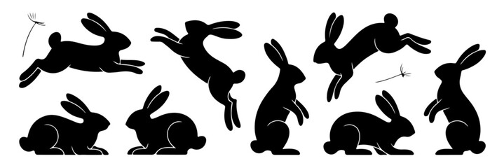 A collection of black silhouette illustrations of rabbits in various poses, including running, jumping, and sitting.