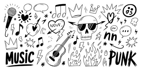 Hand-drawn music punk doodles: skulls, crowns, guitars, and more.