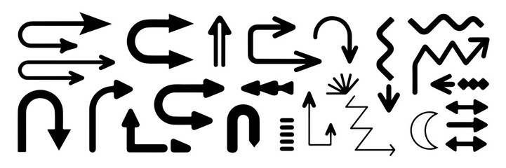Collection of diverse black arrow vector graphics offering varied directional choices and symbolic meaning isolated on transparent background