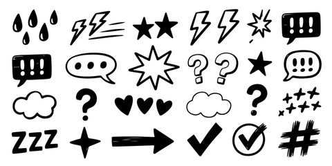 Set of hand-drawn comic style graphic elements.