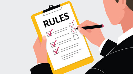 Person checking off items on a clipboard with rules written on it.
