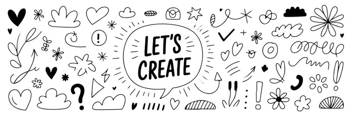 A collection of hand-drawn doodle elements, including hearts, clouds, stars, arrows, and a speech bubble with the text "LET'S CREATE".