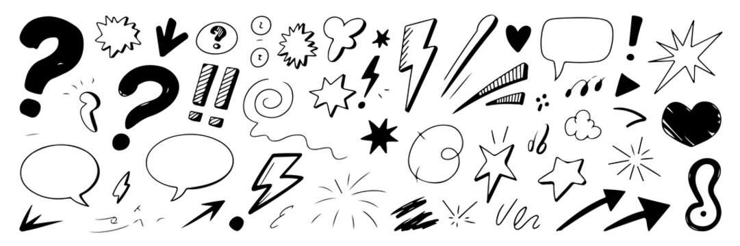 Artistic hand-drawn set of shapes, question marks, speech bubbles, arrows and comic elements on transparent background.
