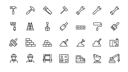 Obraz premium A comprehensive set of black and white line icons representing various construction tools, building materials, and industry-related symbols.