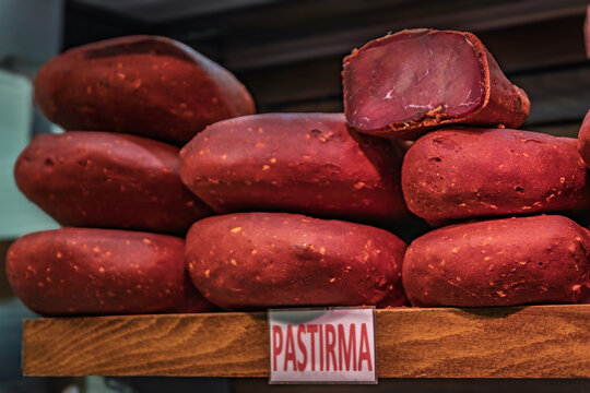 Traditional Turkish pastirma and dried vegetables, the Egyptian Bazaar, Istanbul