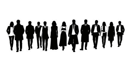 Silhouette illustration of a diverse group of people walking in formal attire on a white background