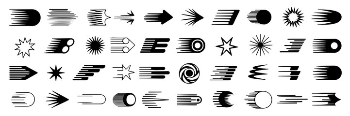 Dynamic collection of speed and motion vector icons, showcasing stylized movement, excellent for graphic design projects on transparent background