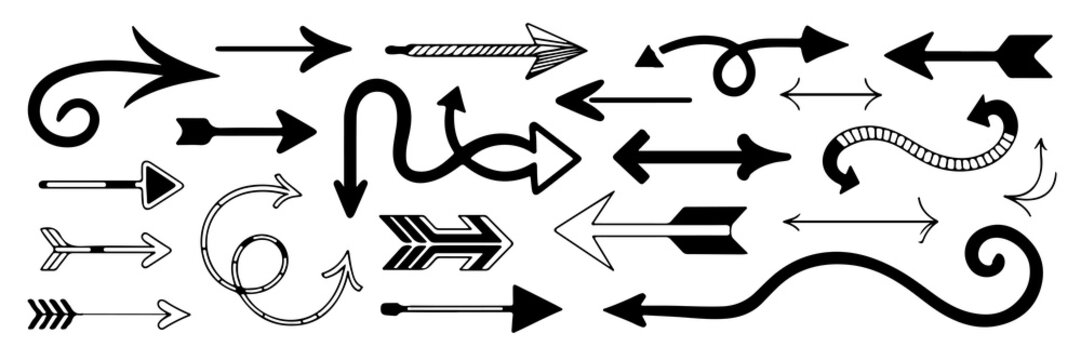 Collection of assorted artistic black arrow illustrations, including curved, straight, and directional pointer designs on transparent background