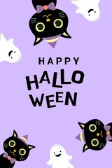 A cheerful Halloween themed background illustration featuring two cute black cats and two floating white ghosts. Suitable for social media, phone wallpapers, greeting cards, or promotional materials. 