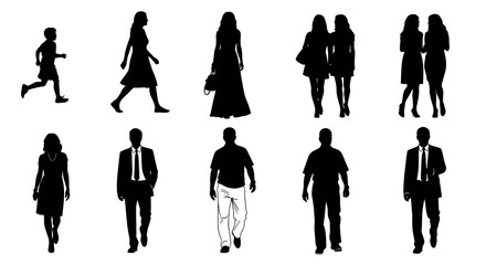 A collection of silhouettes of people in various poses standing and walking on a white background