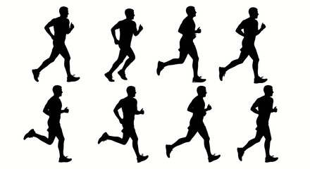 Obraz premium Eight silhouettes of men running against a white background in a repeating pattern formation style