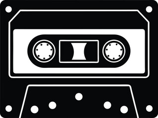 Naklejka premium Vector art of black and white illustration of a vintage audio cassette tape, a retro music media icon symbolizing analog sound recording and playback, isolated on a black background