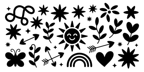 Whimsical doodle collection of stars, rainbows, suns, leaves, arrows and more, perfect for crafts on transparent background
