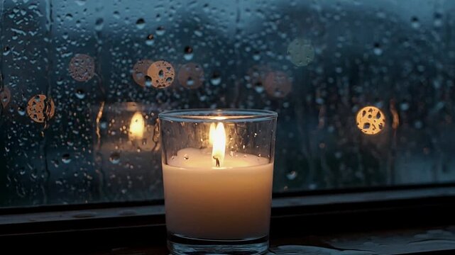 Lit candle in a glass jar sits on a windowsill with a rainy window behind it