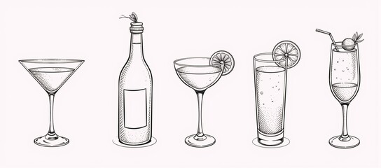 Sketchy black-and-white illustrations showcasing diverse cocktail designs Four 2D Cartoons