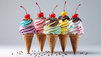 Five Colorful Ice Cream Cones with Various Flavors and Decorative Toppings, cherries on White Background