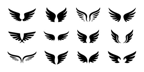 Collection of stylized vector wings in various shapes and sizes, perfect for logos and design elements on transparent background