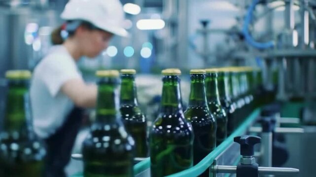 Distillery bottles on conveyor bottle in the factory for drinks and beverage production