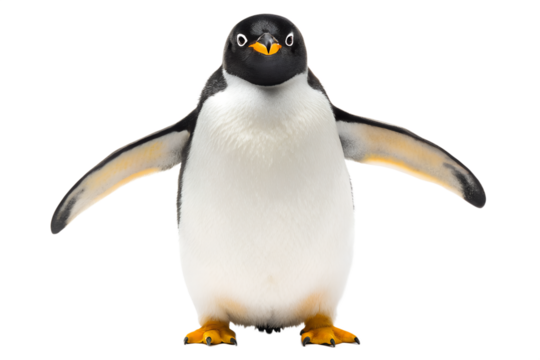 Humorous penguin standing tall with flippers extended, delightful front view isolated on a white background, capturing its charming and unique personality.
