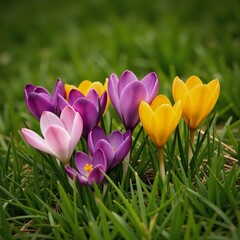 A stunning spring garden of vibrant tulips and crocuses in shades of purple pink and yellow blossom amidst a lush green landscape embodying the beauty and rebirth of nature during the Easter season