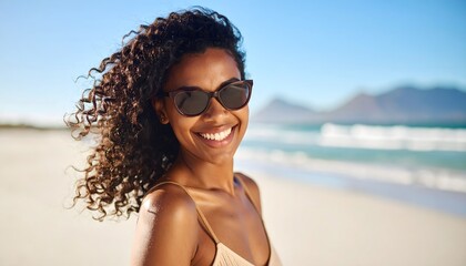 Smiling woman with curly hair wearing sunglasses and a beige swimsuit enjoying a sunny beach day with ocean waves and mountains in the background.