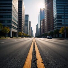 Obraz premium Empty cityscape view along an asphalt road surrounded by towering buildings and a bustling metropolis skyline