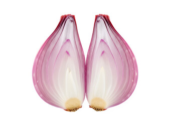 Pink sliced onion halves with layers and light reflection  isolate