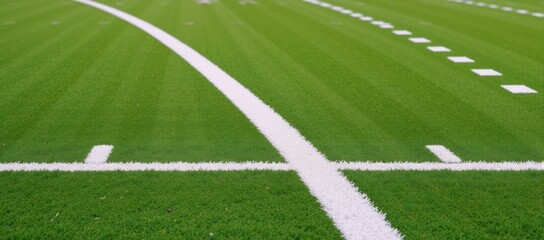 Obraz premium Close-up texture shot of an artificial grass field showcasing a crisp white line for a sporty energetic atmosphere