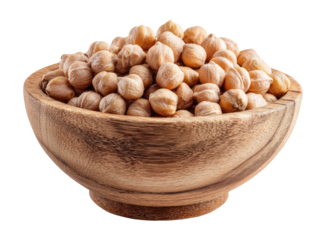 Light brown chickpeas in a shallow wooden bowl