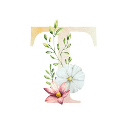 Watercolor letter T with floral ornament and soft foliage, gerbera, chamomile, echinacea. Delicate hand drawn alphabet, butterfly and botanical elements in elegant. Transparent PNG, perfect for