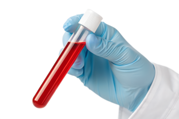 Close-up of a medical professional's gloved hand holding a test tube filled with red liquid, isolated on a white background, symbolizing healthcare and scientific research.