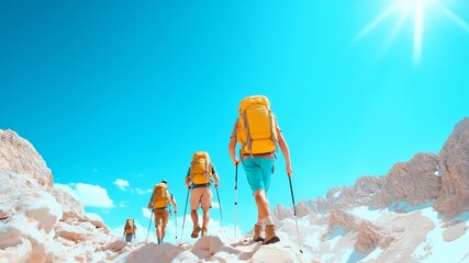Group of hikers with yellow backpacks and trekking poles climbing rocky mountain terrain under bright blue sky. Hikers moving upward on challenging rocky path with mountain landscape.