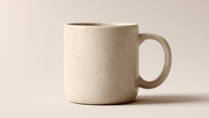 Off-white speckled ceramic mug with a slightly rounded body and a C-shaped handle, photographed against a light beige backdrop
