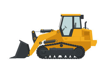 Fototapeta premium A constructionyellow bulldozer with black tracks and a bucket scooping in a flat graphical style