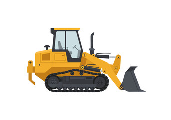 Fototapeta premium Yellow bulldozer with grey tracks scoop on white backdrop