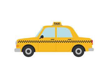 A cheerful cartoon taxi zips through a sunny day ready for passengers