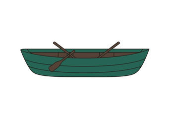 A green rowboat rests with crossed oars ready for adventure