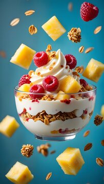 A delicious yogurt parfait with fresh raspberries, pineapple chunks, and granola, isolated on white background, with ingredients falling in a dynamic studio shot