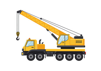 A yellow crane truck extends its boom upwards against a blank background