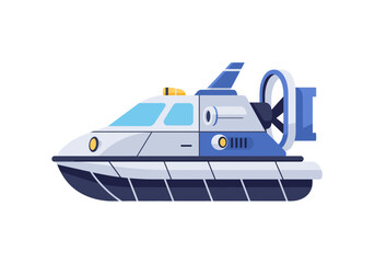 Sleek hovercraft design Light grey cabin blue accents rear propeller
