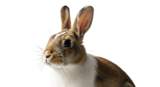 Close-up of brown and white rabbit with upright ears on black background