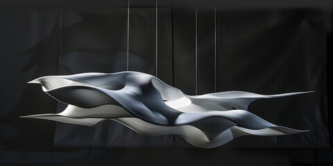 Abstract metallic sculpture with flowing lines on a dark background
