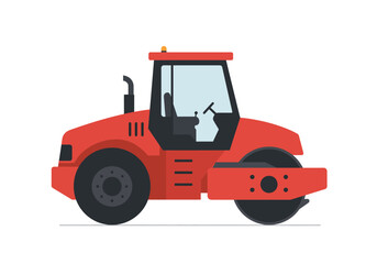Naklejka premium Asphalt Paving A red road roller with a cabin flattens asphalt on a white background