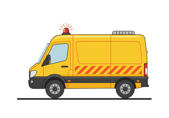 Cartoon yellow van with red hazard lights and orange reflective stripes on a white background
